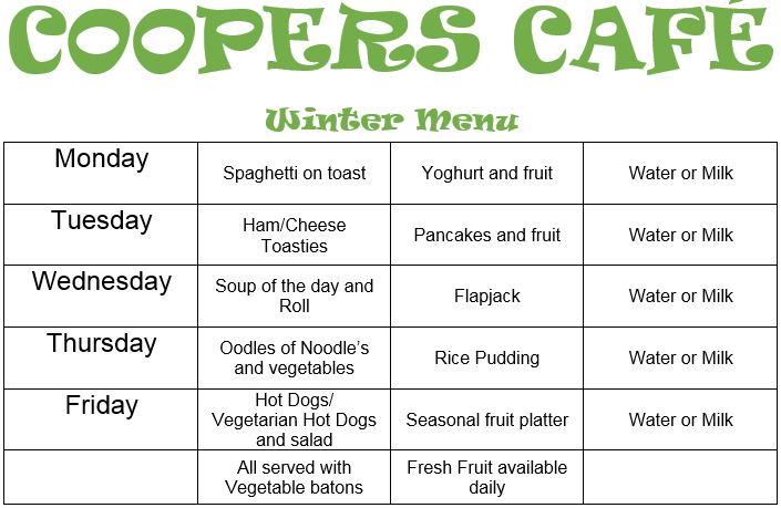 Coopers Cafe Tea Time Menu